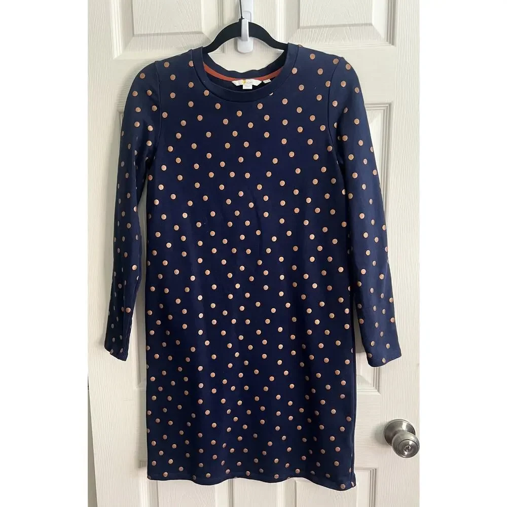 BODEN Blue Gold Polka Dot Cotton Sweatshirt Dress Sz 4R Comfort Preppy Party - Picture 1 of 8